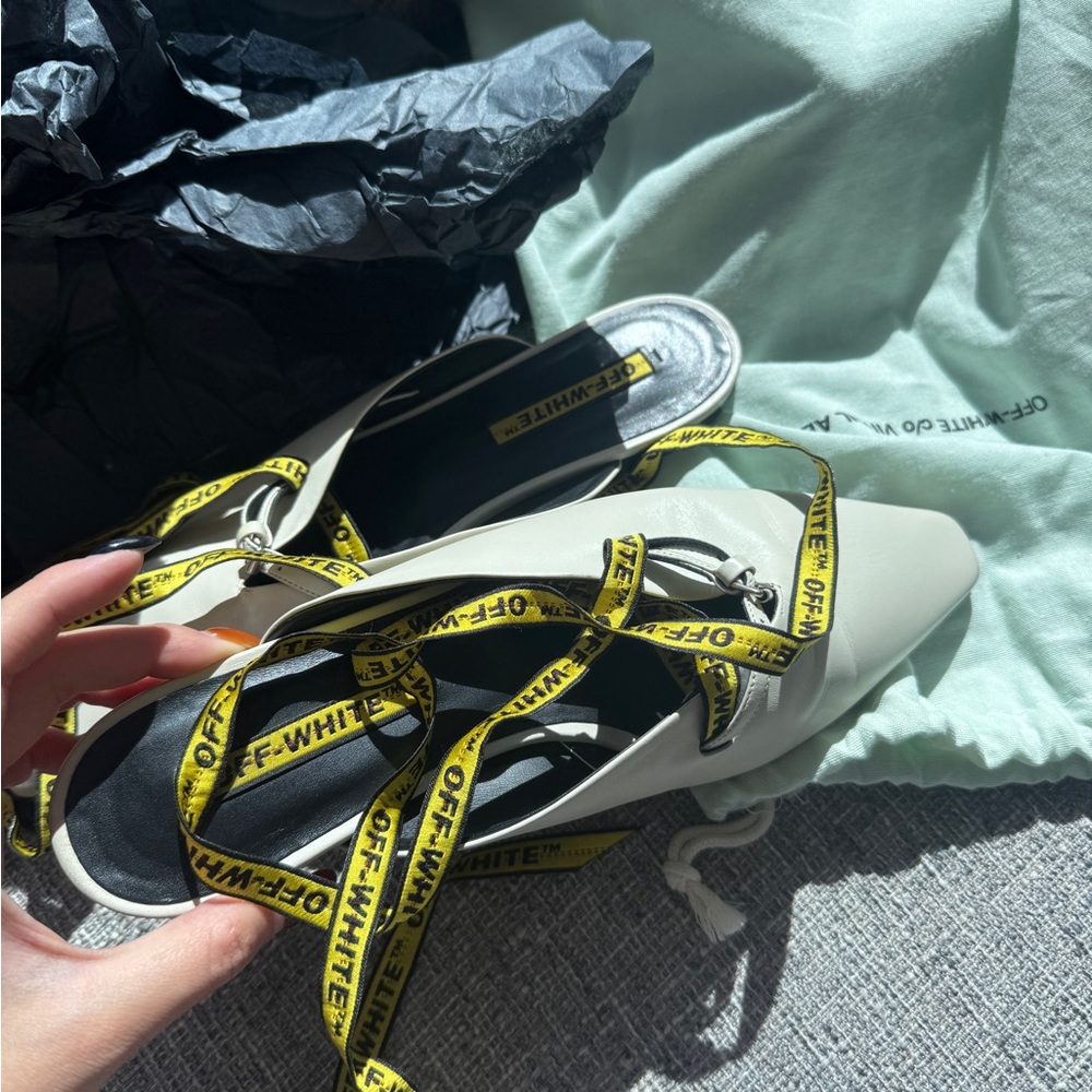 Off-White Cream Slingback Flats with Yellow Logo Straps